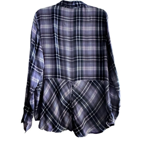 Lucky Brand women’s sz L purple blue plaid button front pocket long sleeve top - Picture 3 of 9